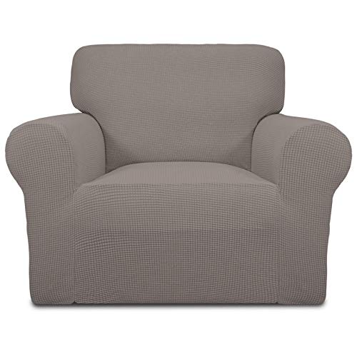 Image of Easy-Going Stretch Chair Sofa Slipcover 1-Piece Couch Sofa Cover Furniture Protector Soft with Elastic Bottom for Kids, Pet. Spandex Jacquard Fabric Small Checks (Chair, Taupe)