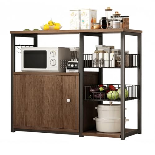 KXKJRYB Soporte para Microondas 2 Niveles con CajóN ExtraíBle Madera MarróN Antiguo Bandeja De Malla MetáLica Multifuncional para Cocina-A