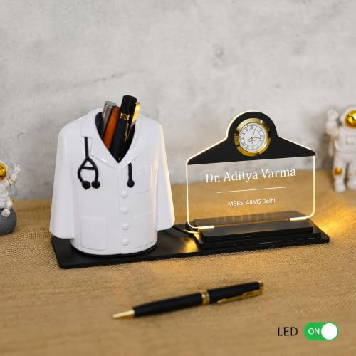 Image of Deskart Customized Gift Pen Stand with LED Name Plate & Clock | Doctor Coat Apron Shape Pen Holder with Warm LED Acrylic Name Plate & Adapter