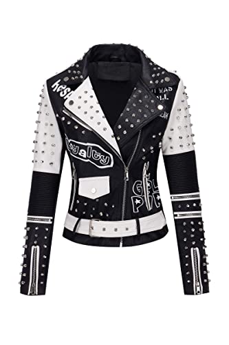 RISISSIDA Women Faux Leather Jacket Studded Rivet Spring Fall Fashion, Hip-Length Moto Biker Trendy Clothes Streetwear Belted
