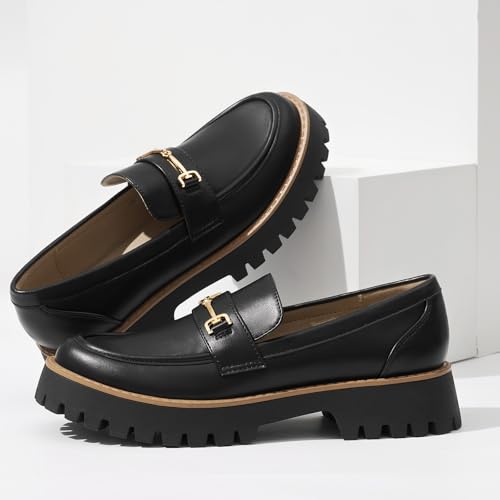 Image of ZURIN Loafers for Women Platform Chunky Heel Loafers Lug Sole Penny Loafers Comfortable Womens Business Casual Shoes