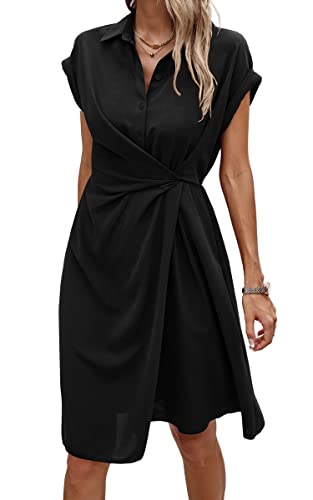 Image of ECOWISH Womens Casual Midi Dresses Solid V Neck Short Sleeve Button Shirt Belted Dress with Pockets for Spring Summer 2026