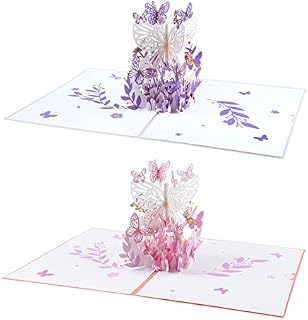 MIAHART 2 Pcs 3D Pop Up Cards Butterfly Flower Pop Up Birthday Card Pop Up Greeting Cards Gift Card for Valentines, Graduation,, Anniversary, Christmas, Mothers Day, Fathers Day (pink, purple)