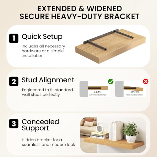 Image of Fun Memories 24 Inch Floating Shelves for Wall, 12 inch Deep Extra Thick Wood Shelves with Invisible Bracket, Large Wall Mounted Storage Shelf for Living Room Bedroom Kitchen, Oak, Set of 3