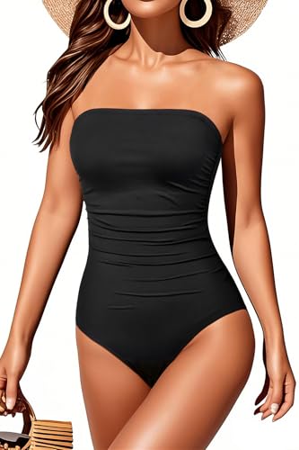 Holipick Women Black Bandeau One Piece Swimsuits Tummy...