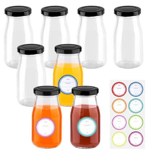GKLILOV Glass Shot Bottles with Lids 8 Pack Empty Mini Bottles for Ginger Shots 150ml Reusable Ginger Shots Bottle with Labels Small Glass Bottle for Homemade Beverages Picnics (Black)