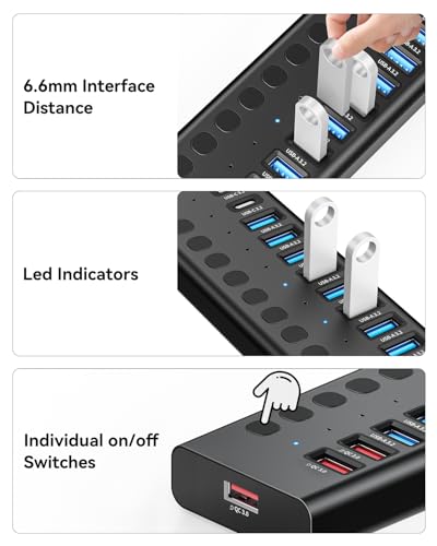 Image of AGEEN 16-Port Powered USB 3.2 Hub-10Gbps SuperSpeed Data Splitter with 2 USB-C & 11 USB-A Ports, 3 x 24W QC 3.0 Fast Charging Ports, Individual On /Off Switches, 96W Power Adapter for Laptop, PC