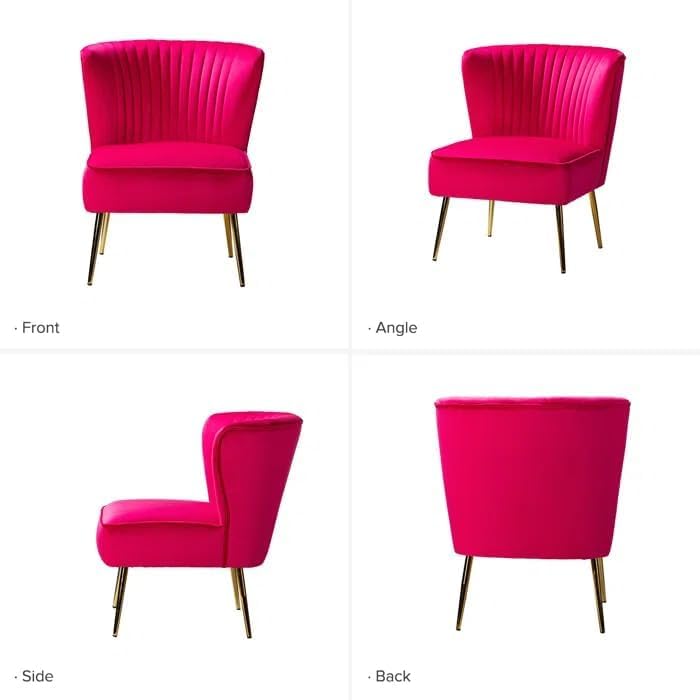 Image of Modern Upholstered Accent Velvet Chair Single Seater Channel Tufted Wing Back Chair with Golden Matel Legs for Living Room, Bedroom, Dining Room, Fuchsia