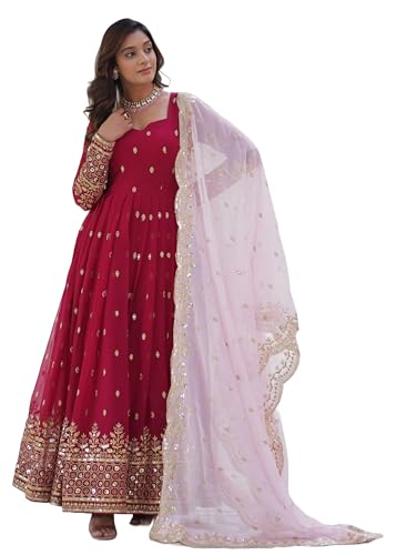 FASHION BAZAR 365 Women Faux Blooming With Embroidery Zari Sequins Work Anarkali Suit 11301 (US, Alpha, X-Large, Regular, Regular, Red)