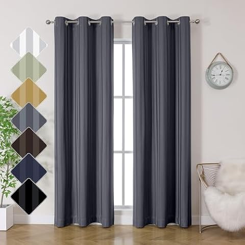 OVZME Kay Grey 100% Blackout Curtains 84 Inch Length 2 Panels, Textured Full Room Darkening Panels, Vertical Stripe Look Thermal Insulated Drapes for Bedroom Living Room, Grommets-W42 x L84 Cover