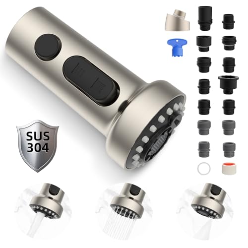 Hibbent Stainless Steels Pull Down Faucet Head Replacement, NSF/ANSI/CAN 61 & CUPC Certified 3 Function Kitchen Sink Sprayer Head, 15 Adapters, Compatible with Moen, Kohler Faucets, Brushed