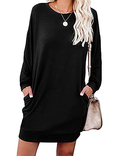 LuckyMore Sweatshirt Dress for Women Casual Long Sleeve Loose Pullover Tops With Pockets Black XL