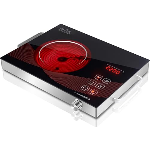 Image of Sizzle Cook Single Burner Infrared Electric Stove, Small Countertop Portable Hot Plate for Cooking, 2200W Ceramic Glass Infrared Burner with LCD Touch Screen