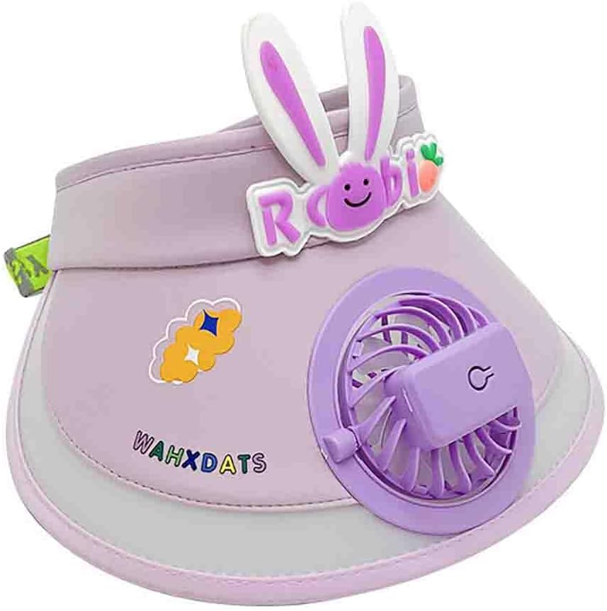 Cartoon Rabbit Sun Visor Hat with Fan for Boys Girls Adjustable Empty Top Beach Hats Outdoor Wide Brim UPF50+ Sun Hat