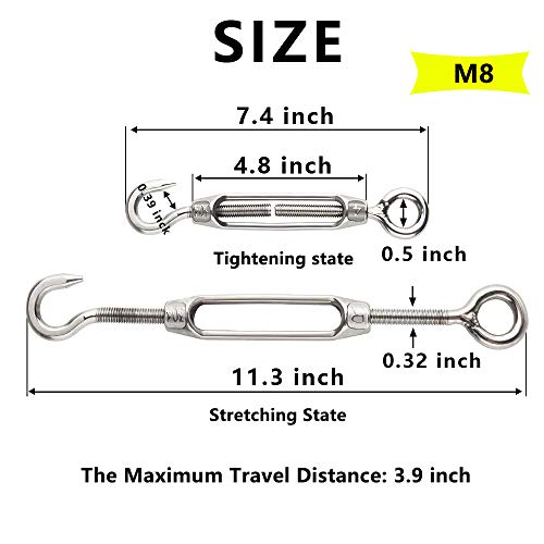 Turnbuckle Lsqurel 10Pcs 304 Stainless Steel Turnbuckle Hook And Eye Heavy Duty M4 M6 M8 M10 Tensioner Adjustable Shade Sail Hardware For Tightening Up Metal Cable Wire 5/32 1/4 5/16 3/8 #TOP1