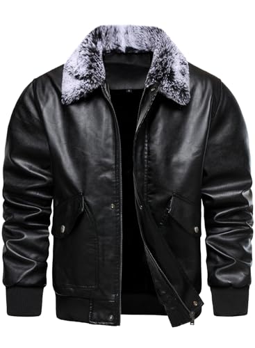 HOOD CREW Mens Faux Leather Flight Bomber Jacket with Fur Collar Winter Warm Fleece Lined Jackets2