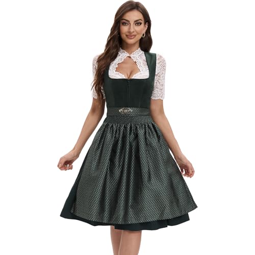 Goxozzy Dirndl Damen Midi Samt Trachtenrock mit Dirndlschürze für Oktoberfest Größen 34-44 Rocklänge 60cm Grün Rot Blau (DE/NL/SE/PL, Numerisch, 38, Regular, Regular, Grün)