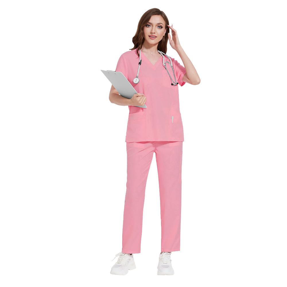 Scrubs DK77 - Conjunto de uniforme médico con cuello en V y 8 bolsillos funcionales y pantalones con pierna recta, cintura elástica, color rosa XL