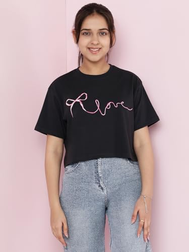 Image of Li'l Tomatoes Girls Crop T-Shirt | 100% Cotton | Graphic Printed Summer Top | Soft & Breathable Casual Wear | 7-16 Years