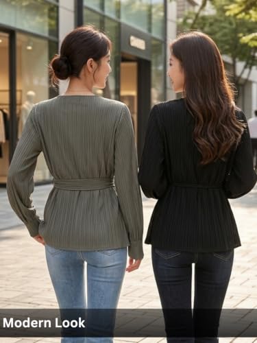 Image of Leriya Fashion Women's V-Neck Pleated Tunic Top - Long Sleeve Drawstring Waist Summer Blouse, Lightweight Casual Shirt for Office, Travel, Daily