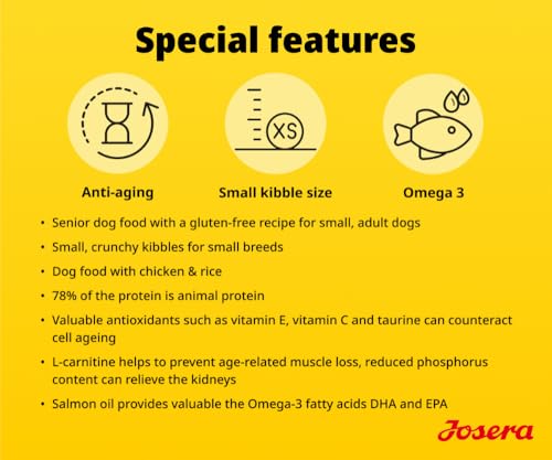 JOSERA Mini Senior Huhn & Reis (3 x 3 kg) | Premium Trockenfutter für ausgewachsene ältere Hunde Kleiner Rassen | Anti-Aging & Nierenentlastung | Extrakleine Kroketten | glutenfrei | 3er Pack