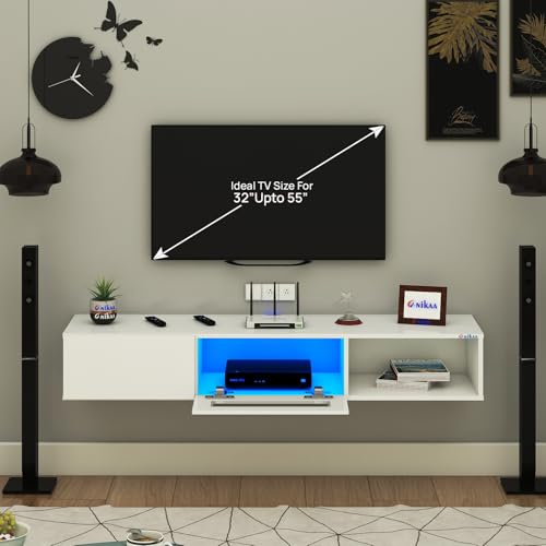 Image of Anikaa Strix Wall Mount Modern Floating TV Unit for Living Room with 3 Storage Cabinet & Blue LED Light (Ideal for 32 to 55 inch TV, DIY Installation, White Finish)