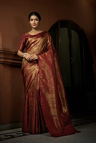 Image of Vardha Women's Kanchipuram Art Silk Saree with Unstitched Blouse Piece - Zari Woven Work Sarees for Wedding