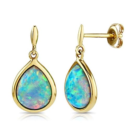 Paul Wright skapade opal örhängen, 9 karat guld, 10 x 8 mm päronform, livfull färg