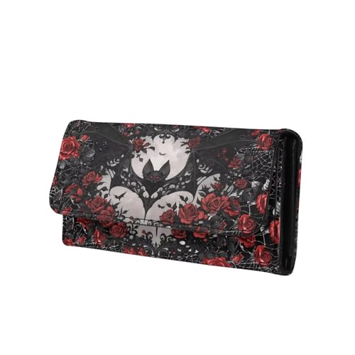 Black Bat Roses Print Women Slim Wallet Gothic Spider Web Trifold Long Credit Card Holder Clutch Handbag, Red Rose Flowers Leather Checkbook Wallet for Ladies