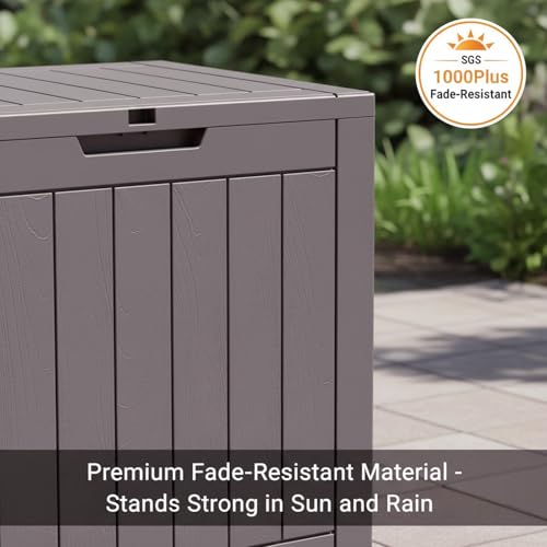 Image of 30 Gallon Resin Deck Box with Lockable Lid - Outdoor Waterproof Storage for Patio Furniture, Garden Tools, Cushions & Pool Accessories, Wood Grain Design, All-Weather Durable (Grey-brown, 1 Pack)