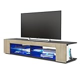 mit LED Beleuchtung in Blau TV Board Lowboard Movie, Korpus in Schwarz matt/Fronten in Eiche sägerau inkl. LED Beleuchtung in Blau
