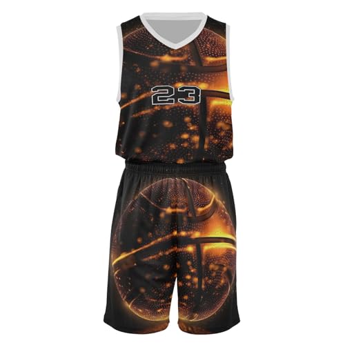 FLildon Glow Basketball Pattern Boys Basketball Jersey Set Tank Top Shorts Tracksuit Sport Training Suit for Kids, L