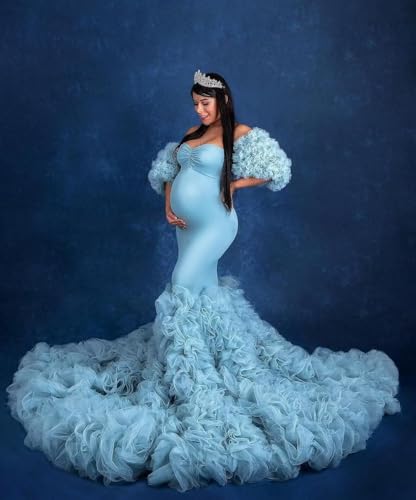 Tulle Mermaid Maternity Dresses Puffy Sleeve Baby Shower Dress Sweetheart Pregnancy Gowns for Photoshoot3