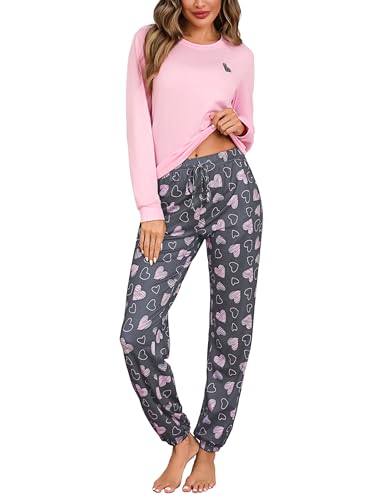 Bresdk Schlafanzug Damen Lang Pyjama Baumwolle Winter Schlafanzüge Herz-Print mit Rundhals-Ausschnitt Pyjamas Set Zweiteilige Nachtwäsche Warmer Pijamas Rosa L