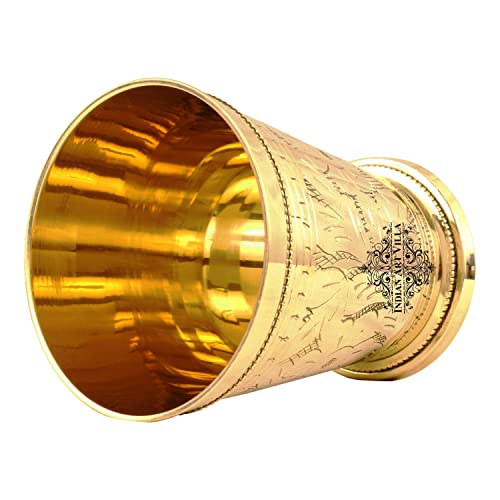 Image of INDIAN ART VILLA Brass Embossed Flower Design Julep Glass, Traditional Drinking Tumbler for Water, Lassi, Buttermilk & Beverages, Drinkware for Home, Restaurant & Gifting, 300 ML, Set of 1