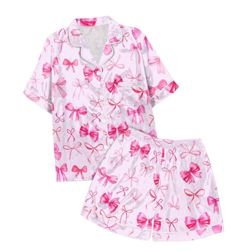 Image of Valentines Pajamas For Women Short Sleeve 2 Piece Set Valentine Day Outfit Bow Heart Print Button Soft Sleepwear
