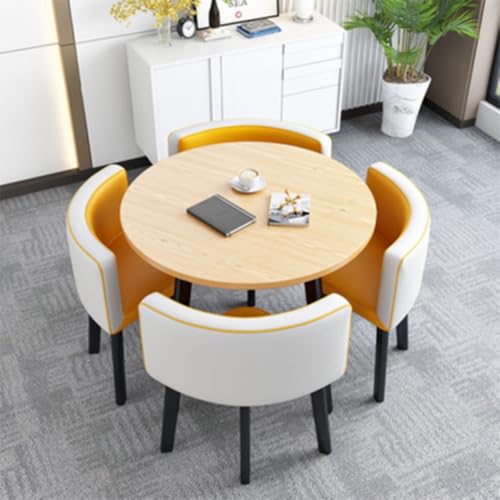 Image of Round Faux Marble Reception Table and Chairs Set, Dining Table Set for 4, Space Saving Reception Desk for Home and Apartment, Office, Conference Room, Lounge