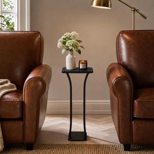 Image of Small Square Side Table, Drink Table with Weighted Base, Solid Wood & Metal Accent Table for Small Spaces, Pedestal End Table for Living Room, Bedroom, Office, Black