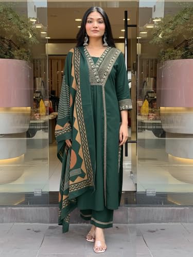 Image of ANNI Designer Women's Rayon Viscose Straight Printed Kurta with Pant & Dupatta Set | Ethnic 3-Piece Readymade Suit for Women | Elegant Festive & Office Wear Traditional Outfit