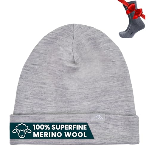Merino Wool Beanie for Women & Men - 100% Merino Skull Cap 17.5um - All Season Unisex Adult Hat & Socks for Running Hiking Heather Grey