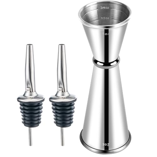 Image of Briout Jigger and 2 Pourers, Double Cocktail Jigger Japanese Premium 304 Stainless Steel Jigger 2 OZ and 1 OZ with Measurements Inside