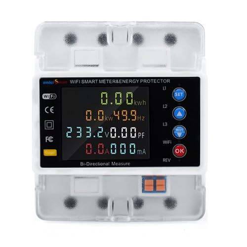 amiciSmart 3-Phase WiFi Energy Meter | Bi-Directional 80A Ampere Meter | Over/Under Voltage, Current & Leakage Protection | Electric Meter for Home Mo