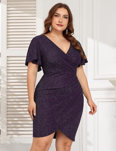 Image of ZOMVA Plus Size 0X-4X Sparkly Glitter Ruched Bodycon Mini Dress Sparkle Sequin Wrap Ruffle Sleeve Dress Cocktail Party Formal