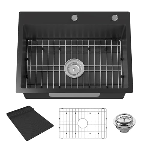 Black Kitchen Sink 24x18 Inch Kitchen Sink Stainless Steel Drop In Kitchen Sink Topmount Stylish and Modern Look Sink With Bottom Grid Silicon Mat And Drain Assembly Add Elegance & Enhance Usability