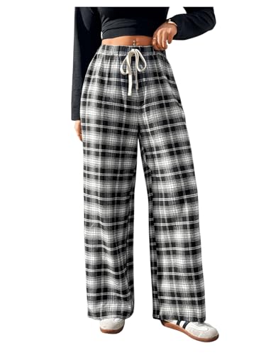 SHENHE Women's Plaid High Drawstring Waist Pants Wide Leg Loose Casual Long Pants