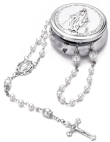 Rosary for Women with Case and 18pcs Prayer Cards, First Communion Gifts for Girls, Glass Pearl Beads and Virgin Mary Medal, Catholic Gifts4