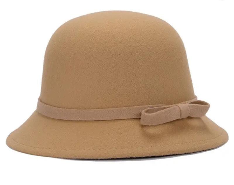 Women's Wool Felt Cloche Hat, Khaki, Vintage French Style with Bow Detail, Free Size, Autumn Winter Fashion-image-48