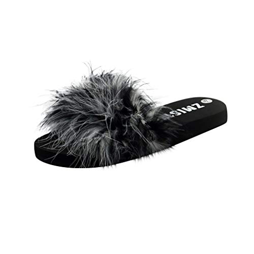 HoSayLike Mujer Moda Casual Simple Playa Fondo Plano Antideslizante Desgaste Exterior Chanclas Pelo De Avestruz Dedo Perdido Fondo Plano Suave Comodo