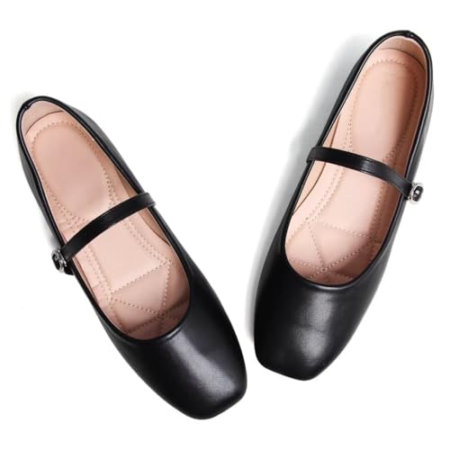 Image of TN TANGNEST Leather Flats for Women Retro Mary Jane Flats | Comfortable Square Toe Slip On Flats with Buckle Strap, Soft Work Flats Office Shoes