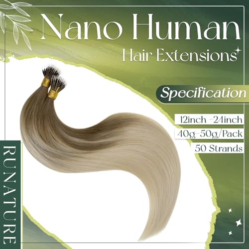 RUNATURE Nano Hair Extensions Real Human Hair 24 Inch Nano Beads Hair Extensions Human Hair Balayage Light Brown to Light Blonde Invisible Nano Rings Straight Remy Hair 50g 50s #8/60 - Image 2